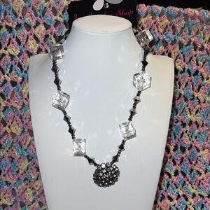 Crystal & Black Bead Statement Necklace with Sparkling Pendant